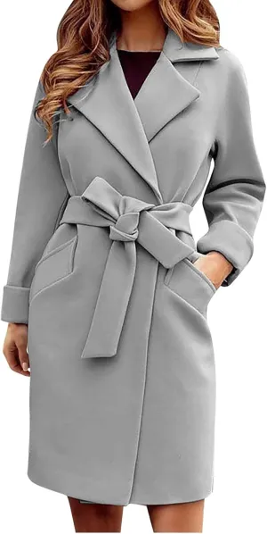 tuduoms Women's Elegant Belted Wrap Trench Coat Notch Lapel Double-breasted Thick a Line Wool Pea Coats Jacket