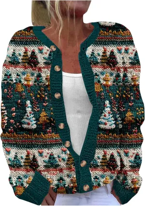 Ugly Christmas Sweater for Women Cute Xmas Open Front Button Down Sweater Cardigans Fall Winter Knitted Outerwear Coat