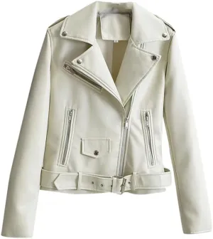 VIVICOLOR Faux Leather Crop Jacket for Women Slim PU Leather Short Coat Women's Belted Moto Biker Zip Leather Jacket