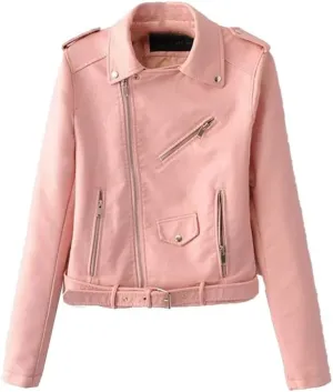 VIVICOLOR Faux Leather Crop Jacket for Women Slim PU Leather Short Coat Women's Belted Moto Biker Zip Leather Jacket