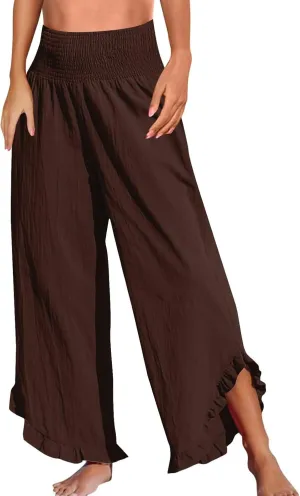 Wide Leg Linen Pants for Women Baggy Smocked High Waisted Palazzo Pants Ruffle Hem Summer Boho Beach Flowy Pants