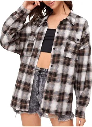 Winter Tops for Women Lightweight Boyfriend Women's Plaid Coats Fashion Flannel Plaid Shacket Jacket Loose Button Down Plaid Coat Business Casual Jackets Brown