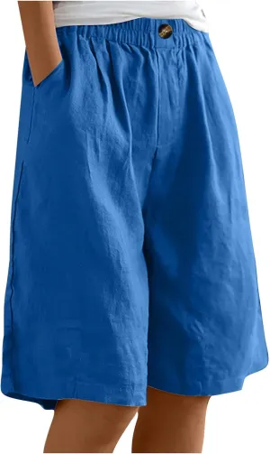 Women Bermuda Shorts Wide Leg Linen Knee Length Shorts Summer Casual Loose High Waisted Short Pants with Pockets
