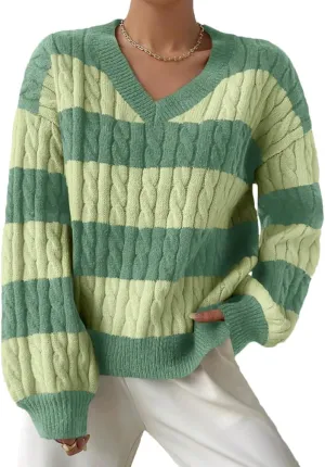 Women Colorblock Cable Knit Sweater V Neck Drop Shoulder Long Sleeve Loose Fit Casual Pullover Jumper Outerwear