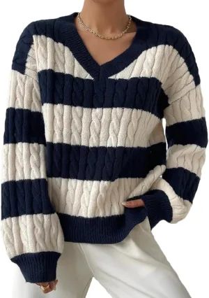 Women Colorblock Cable Knit Sweater V Neck Drop Shoulder Long Sleeve Loose Fit Casual Pullover Jumper Outerwear
