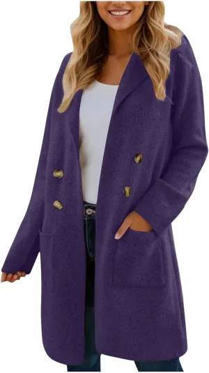 Women Fashion Woolen Blend Casual Coat, Loose Comfy Double Breasted Pea Coat Long Sleeve Lapel Blazer with Pockets
