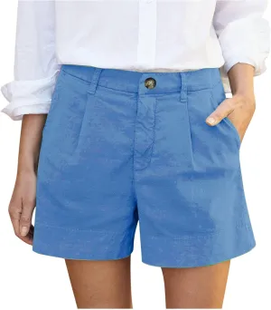 Women Linen Shorts Summer Casual Pleated High Waisted Work Beach Shorts Dressy Wide Leg Shorts with Pockets