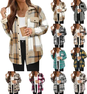 Women Plaid Shacket Jacket Flannel Button Down Long Sleeve Shirt Sherpa Fuzzy Fleece Lined Jackets Casual Lapel Top