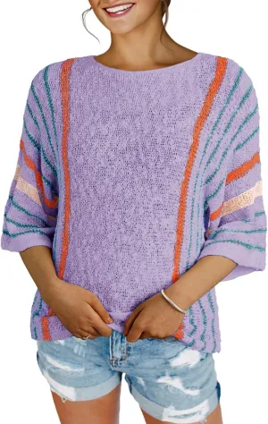 Womens 2025 Spring Casual Color Block Striped Lightweight Comfy Cable Knit Trendy Boho Clothes Pullover Sweaters