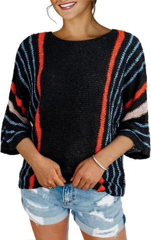 Womens 2025 Spring Casual Color Block Striped Lightweight Comfy Cable Knit Trendy Boho Clothes Pullover Sweaters