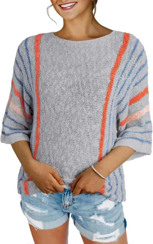 Womens 2025 Spring Casual Color Block Striped Lightweight Comfy Cable Knit Trendy Boho Clothes Pullover Sweaters