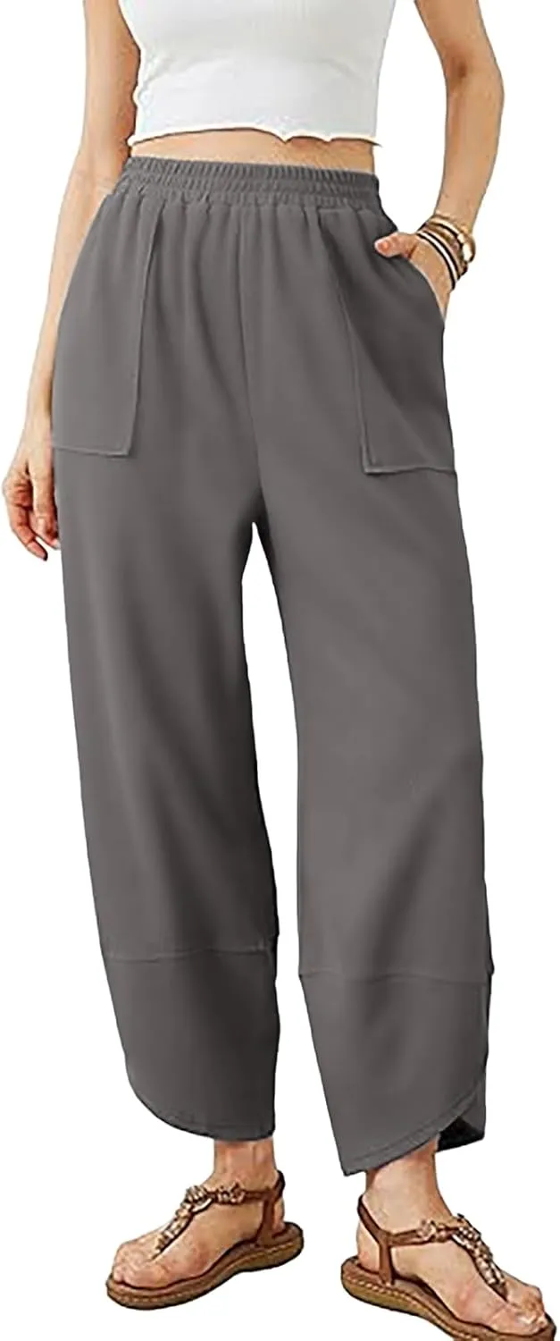 Womens Baggy Wide Leg Pants Elastic High Waisted Palazzo Harem Pants Curved Hem Lounge Sweatpants