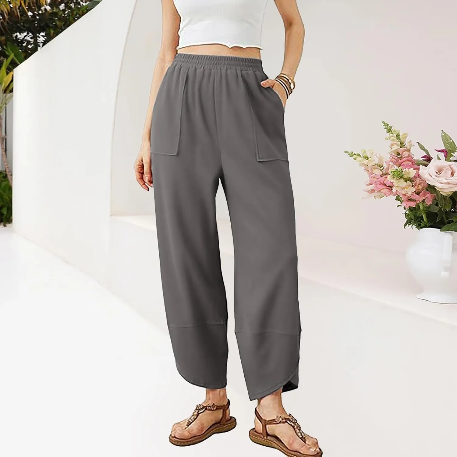 Womens Baggy Wide Leg Pants Elastic High Waisted Palazzo Harem Pants Curved Hem Lounge Sweatpants
