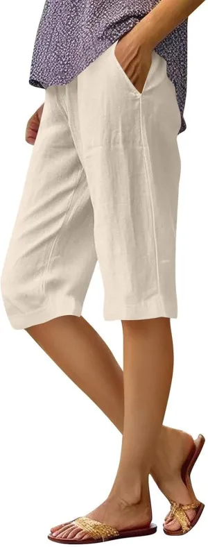 Women's Bermuda Shorts 2025 Cotton Linen Long Shorts Casual Lightweight Summer Beach Cropped Pants with Pockets