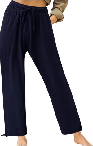 Women's Casual Cotton Linen Pants Summer Straight Wide Leg Palazzo Lounge Pants Drawstring Trousers with Pockets