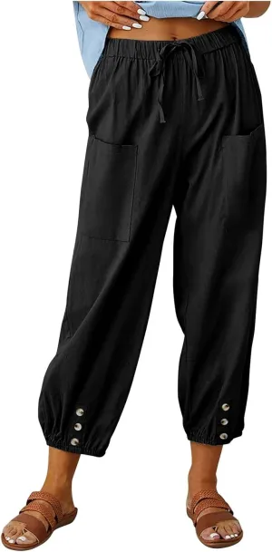 Women's Casual Lantern Tapered Harem Pants Loose Fit Style Flax Ankle Trousers Summer Baggy Slacks with Pocket