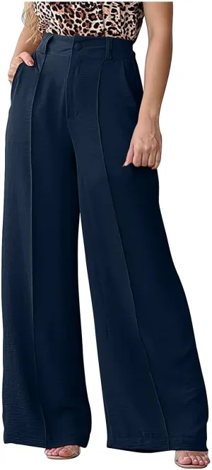 Womens Casual Wide Leg Pants High Waisted Button Down Straight Long Trousers Pants Loose Fit Business Lounge Pants