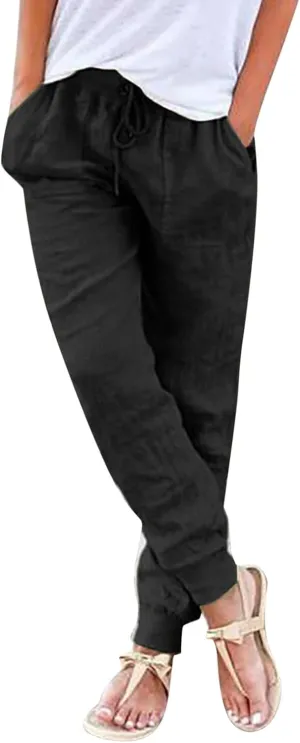 Womens Cotton Linen Jogger Pants Tapered Leg Summer Casual Back Elastic Waist Beach Pants Drawstring Trousers with Pockets