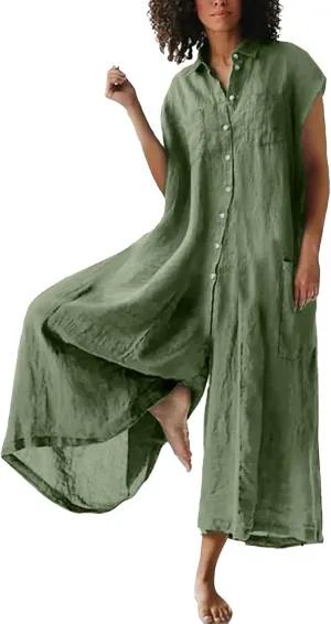 Women'S Cotton Linen Jumpsuits Solid Color Casual Short Sleeve Mid Length Button Down Shirt Jumpsuit Wide Leg Long