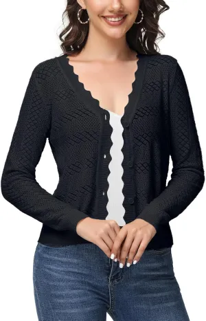 Womens Cropped Cardigan Long Sleeve Button Down V Neck Sweater Open Front Lightweight Shrug for Dresses Tops