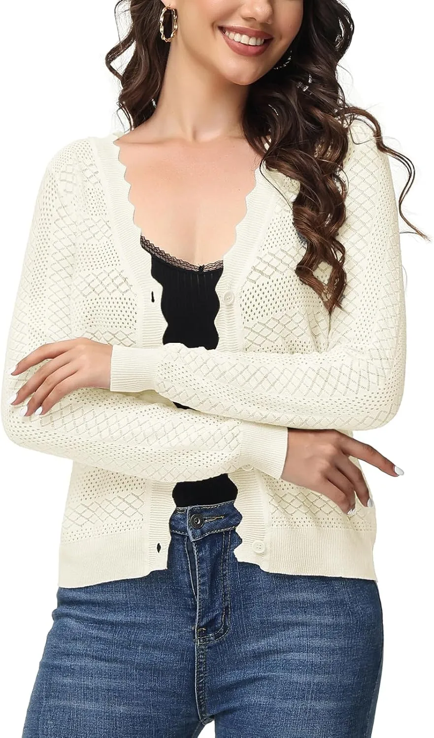 Womens Cropped Cardigan Long Sleeve Button Down V Neck Sweater Open Front Lightweight Shrug for Dresses Tops