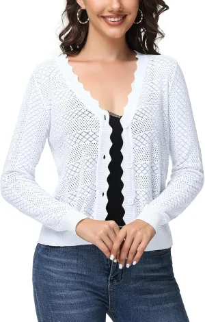 Womens Cropped Cardigan Long Sleeve Button Down V Neck Sweater Open Front Lightweight Shrug for Dresses Tops
