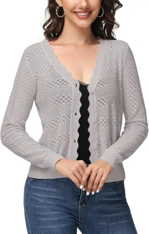 Womens Cropped Cardigan Long Sleeve Button Down V Neck Sweater Open Front Lightweight Shrug for Dresses Tops