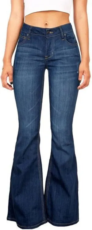 Women's Denim Stretch Thin Flared Mid Waist Pull-On Bootcut Slim Flare Jean Button Up Bell Bottom Stretch Classic