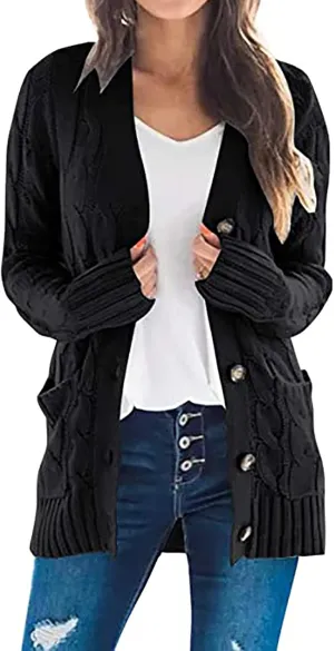 Womens Fall Open Front Cardigan Sweaters Button Up Long Sleeve Coats Cable Knit Sweaters Cardigans Chunky Outerwears