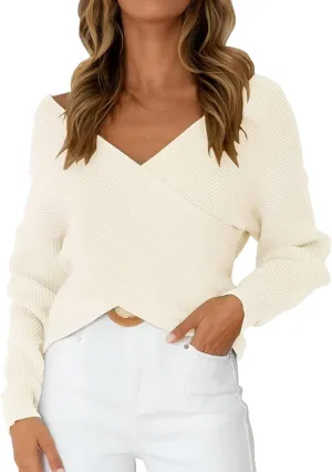 Women's Fall Winter Top Shirt Long Sleeve V-Neck Sexy Elegant Sweaters Top Cross Front Sweater for Winter Men
