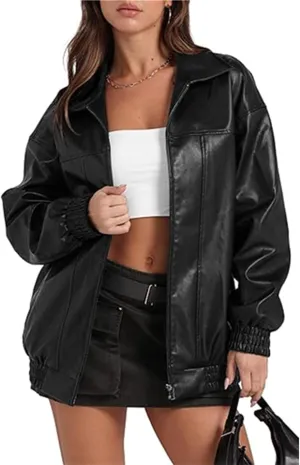 Women's Faux Leather Bomber Jackets Lapel Long Sleeve Oversized PU Leather Moto Biker Jackets with Pocket