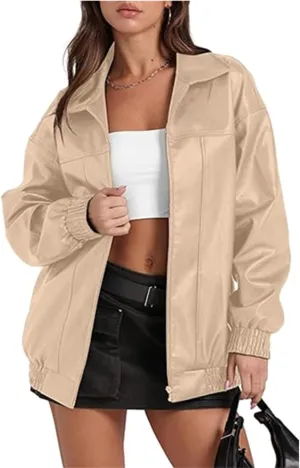 Women's Faux Leather Bomber Jackets Lapel Long Sleeve Oversized PU Leather Moto Biker Jackets with Pocket