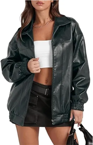 Women's Faux Leather Bomber Jackets Lapel Long Sleeve Oversized PU Leather Moto Biker Jackets with Pocket