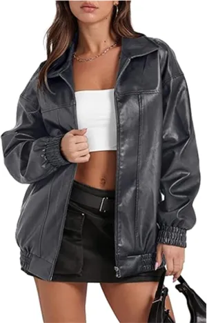 Women's Faux Leather Bomber Jackets Lapel Long Sleeve Oversized PU Leather Moto Biker Jackets with Pocket