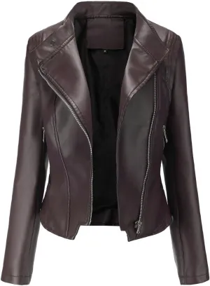 Womens Faux Leather Jacket Motorcycle Moto Biker Short Coat Slim Fit Outwear Zip Up Cropped Coats Trendy Fall Clothes