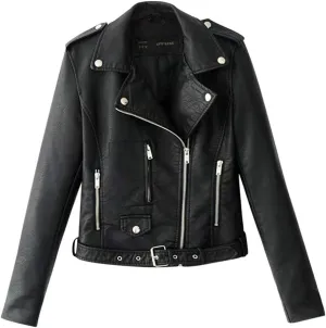 Women's Faux Leather Moto Biker Jacket Classic Asymmetrical Motorcycle Jacket Short Pu Slim Coat Zipper Cropped Jacket