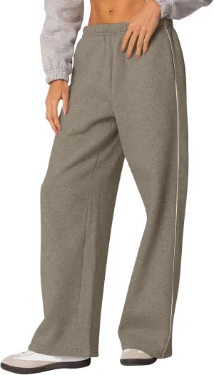 Womens Fleece Wide Leg Sweatpants Y2K Elastic Low Rise Athletic Joggers Baggy Straight Leg Track Pants with Pockets