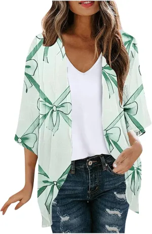 Womens Flowy 3/4 Sleeve Chiffon Kimono Cardigan UV Sun Protection Shirts Summer Work Swimsuit Front Open Cover Ups