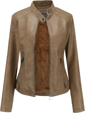 Women's Fuzzy Faux Leather Jacket Womens Sherpa Lined Zip Up Leather Jacket Coats Faux Leather Moto Biker Jacket