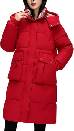 Womens Hooded Long Puffer Jackets Plus Size Winter Coats Thicken Lightweight Quilted Jackets Warm Down Coats Outerwear