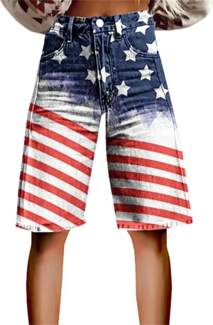 Womens Independence Day Denim Shorts Patriotic American Flag Print High Waisted Short Jeans Outdoor Streetwear Shorts