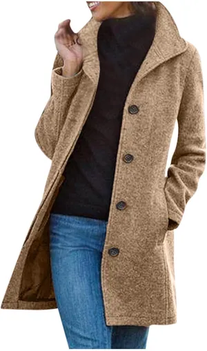 Women's Lapel Wool Coat Single Breasted Pea Coats Winter Wool Blend Blazer Jacket Mid Long Formal Office Trench Coat