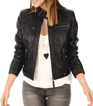 Women's Leather Jackets - Motorcycle Biker Lambskin Leather Jacket For Girl, Moto Riding Party Wear Jackets, Medium - Black