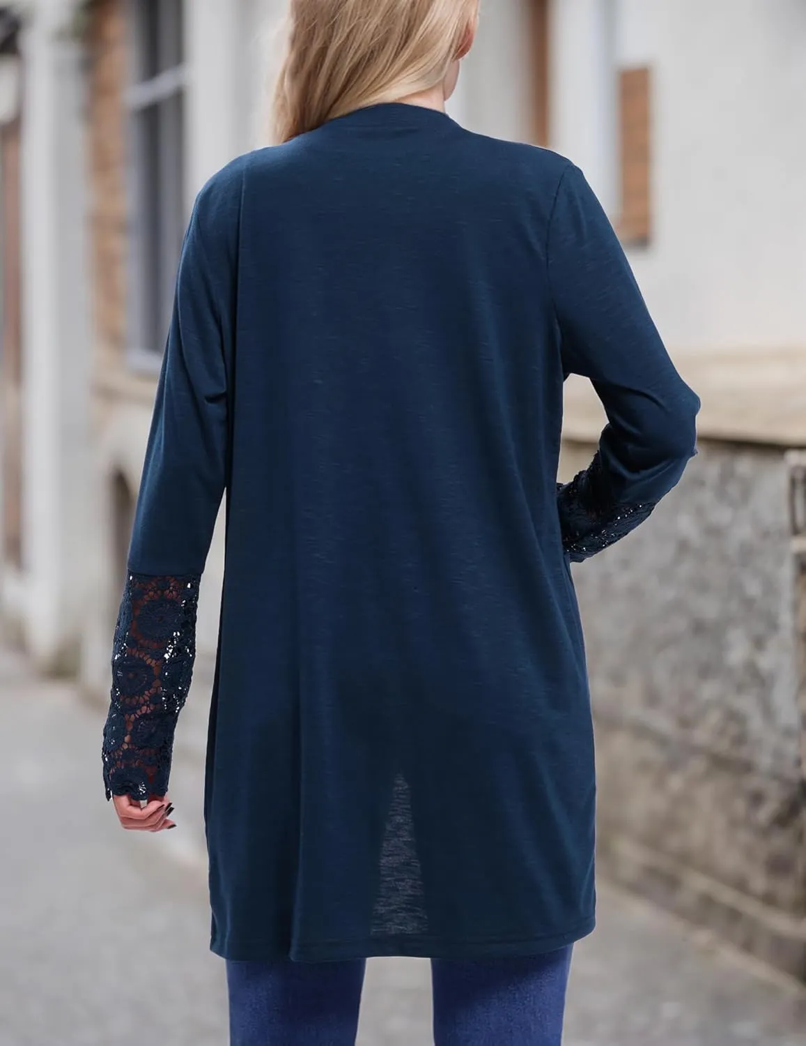 Womens Lightweight Cardigan Casual Long Lace Sleeve Knitted Cardigan Sweaters Open Front Button Down Pockets Outwear