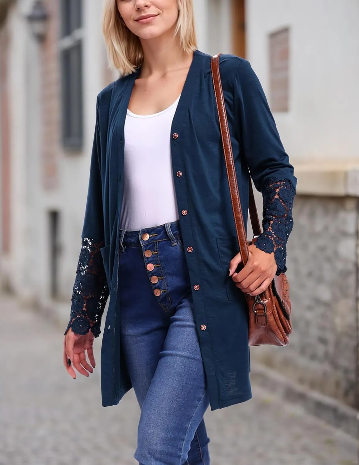 Womens Lightweight Cardigan Casual Long Lace Sleeve Knitted Cardigan Sweaters Open Front Button Down Pockets Outwear