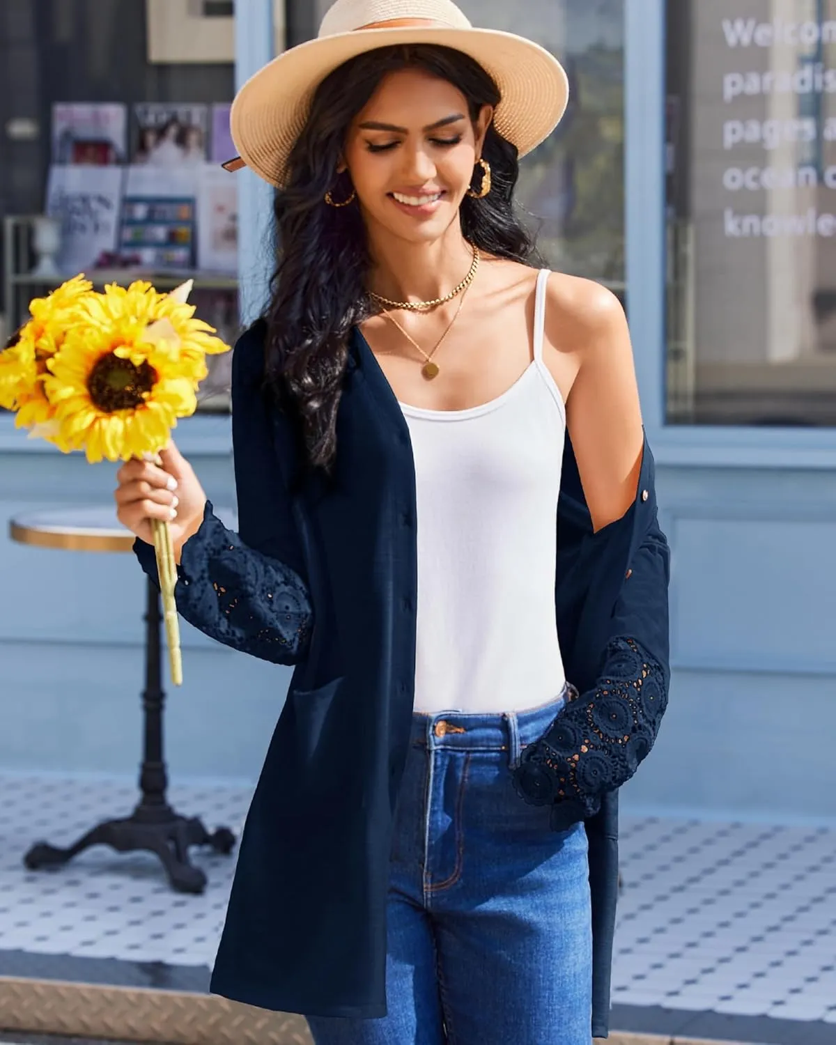 Womens Lightweight Cardigan Casual Long Lace Sleeve Knitted Cardigan Sweaters Open Front Button Down Pockets Outwear