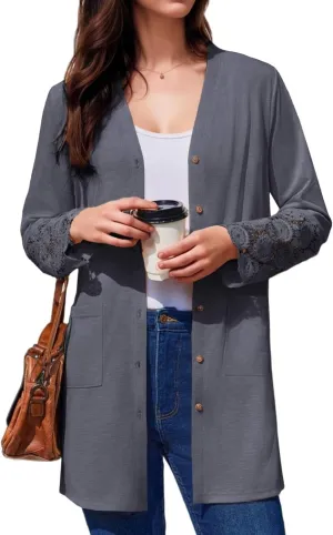Womens Lightweight Cardigan Casual Long Lace Sleeve Knitted Cardigan Sweaters Open Front Button Down Pockets Outwear