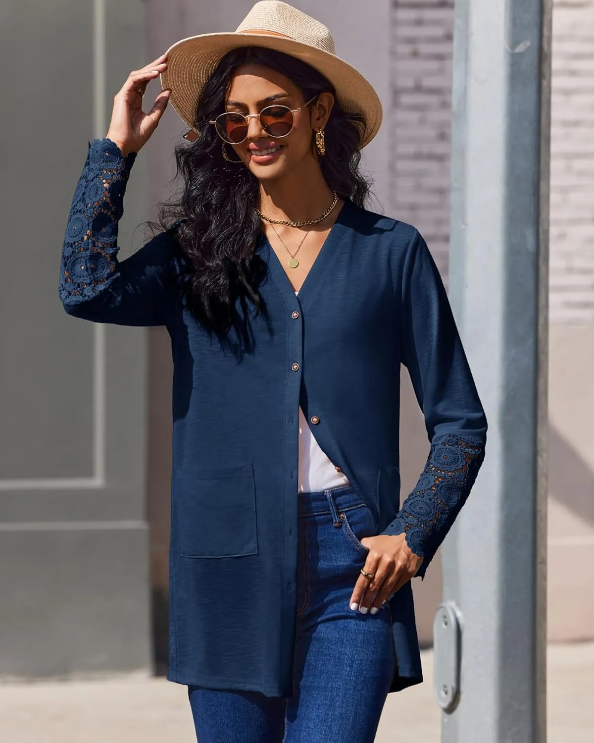 Womens Lightweight Cardigan Casual Long Lace Sleeve Knitted Cardigan Sweaters Open Front Button Down Pockets Outwear