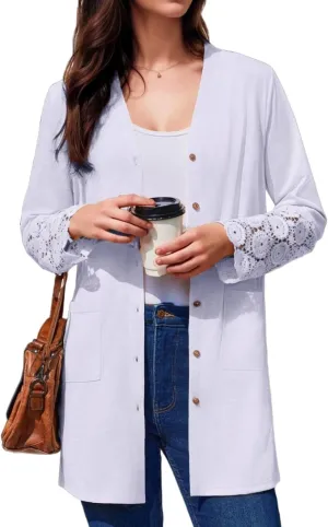 Womens Lightweight Cardigan Casual Long Lace Sleeve Knitted Cardigan Sweaters Open Front Button Down Pockets Outwear