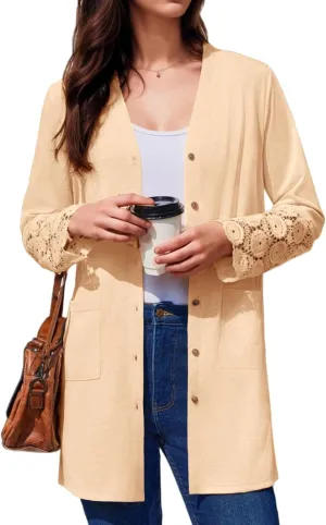 Womens Lightweight Cardigan Casual Long Lace Sleeve Knitted Cardigan Sweaters Open Front Button Down Pockets Outwear